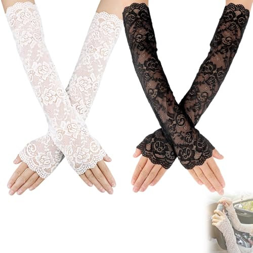 2 Paar Spitzenhandschuhe Schwarz Lange Fingerlose Spitzenhandschuhe Schwarze Handschuhe Lang Ellenbogenlänge Florale Spitzen Handschuhe Accessoires Für Ball Outfits für Damen und (Schwarz Weiss)