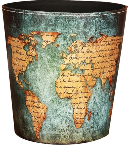 Vobumix Poubelle en Cuir Conteneur À Déchets en Cuir De Style Européen Modèle De Carte du Monde Poubelle Corbeille À Papier De Grande Capacité Poubelle pour Maison