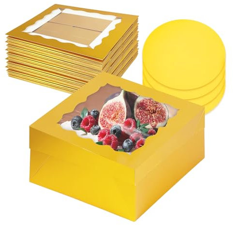 Gcardist 12x12x6 Inch Cake Box, 5 Sets Gold Cake Box with Window ＆ 5 Sets 12 Inch Gold Cake Round Boards, Cake Containers(30.5x30.5x15.2cm)