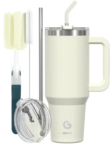 BIGRD Thermobecher mit Strohhalm und Deckel Auslaufsicher Doppelwandiger Edelstahl 1.2L, Kaffeebecher To Go Trinkflasche Sport Travel Mug 6h heiß und 12h kalt,BPA-frei,Beige