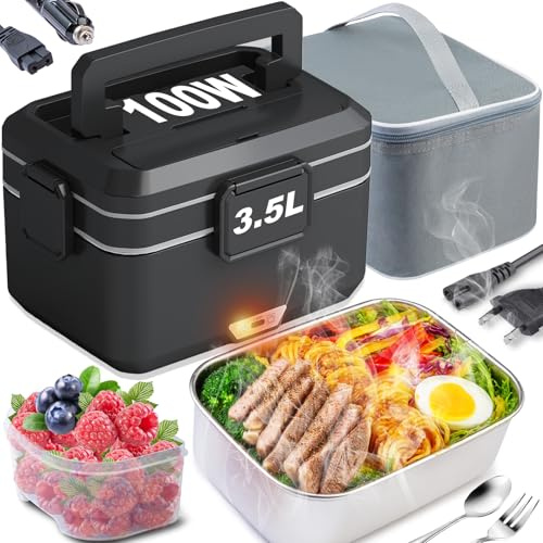 Kimfead Elektrische Lunchbox 100W 3.5L Edelstahl Entnehmbare Tragbarer brotdose 12V/24V/230V Insulated Wärmebox Auto/Lkw/Büro, Mit Isolierter Tasche(3.5L-Schwarz)