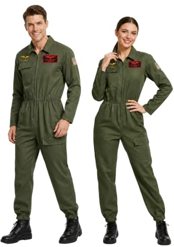 Joyincoser Costume de pilote de jet de combat pour femme et homme - Vêtements militaires amples - Vert - Cosplay pour adulte - Carnaval - Halloween - Fête (L)