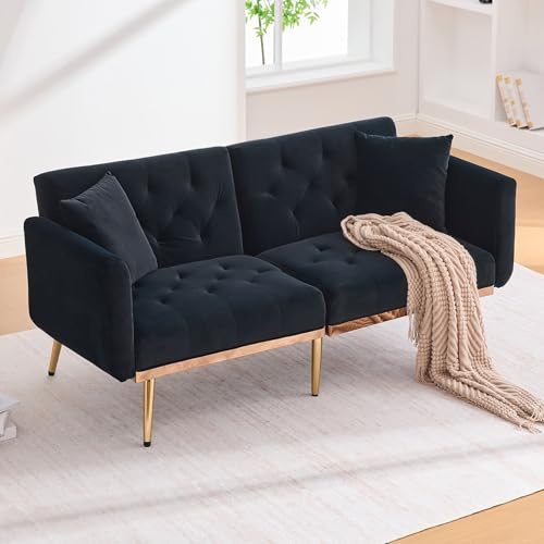PUGSDRLY Canapé Convertible 3 Places,Canape Dangle Convertible avec Dossier Réglables,2 Coussins,Pieds Métalliques,Velours Confortable,pour Salons,Chambres (Noir)