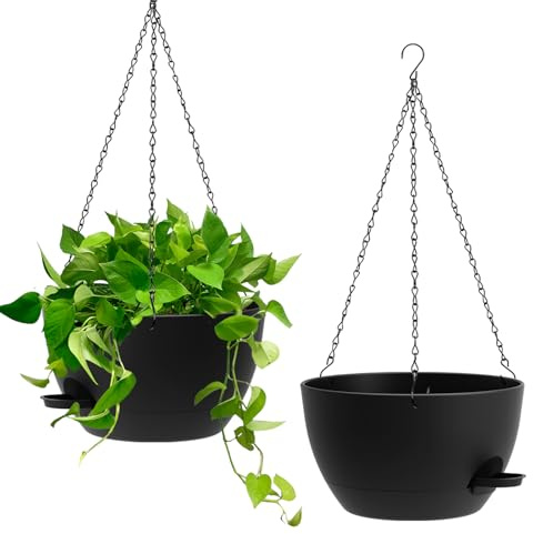 Homeuouz Juego de 2 jardineras colgantes con riego automático de 25 cm – Maceta colgante para interior y exterior, jardineras colgantes con drenaje para balcón, salón, cocina, Negro