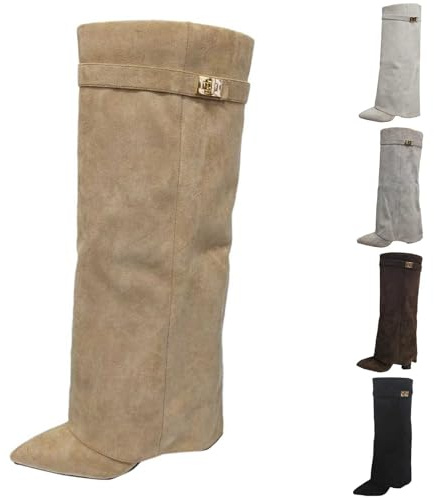 Generisch Bottes pour femme Shark Boots Slouchy Bottes larges avec talon Cowboy Haut confortable Bout pointu Talon compensé Long genou Hiver, D Wh, 39 EU