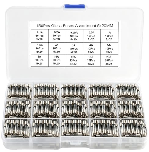150 Piezas Fusibles Vidrio Fusión, 15 Valores Cartuchos Cristal 5x20mm | 250V Fusible de Vidrio con 0.1A 0.2A 0.25A 0.5A 1A 1.5A 2A 3A 4A 5A 8A 10A 12A 15A 20A, para Auto Camiones Electrónicos