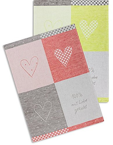 Kracht 2-er Set Jacquard Geschirrtuch, Halbleinen, 100 % mit Liebe gekocht, 50 x 70cm