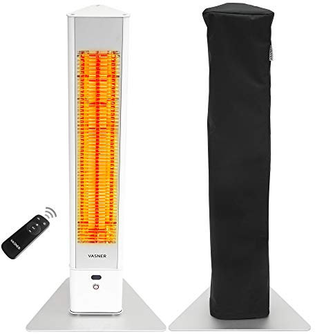 VASNER HeatTower weiß + AirCape schwarz – Infrarot Standheizstrahler 2500 Watt mit Abdeckhaube, Heizstrahler Terrasse, 4 Heizstufen, Fernbedienung, Terrassenstrahler elektrisch, IP65 Outdoor Schutz