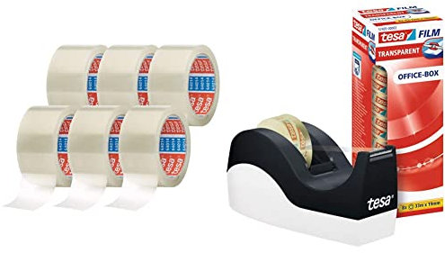 tesapack 64014 - Geräuscharmes Paketklebeband zum Verpacken von Paketen und Versandschachteln, 6er Pack & Easy Cut Tischabroller ORCA - rutschfest, einfache Handhabung, 33m:19mm