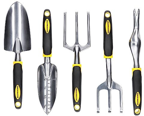 Garden Tools Set 5 Piece Hand Tool Gift Kit For Planting Digging Weeding Hand Trowel, Transplanter, Weeder, Hand Cultivator, Fork, Gardening Gifts for Women & Men TOUGH MASTER