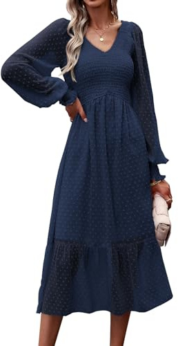 PRETTYGARDEN Women's Fall Dresses 2025 Long Sleeve V Neck Swiss Dot Empire Waist Chiffon Dress Ruffle Smocked Midi Dresses (Navy,Medium)