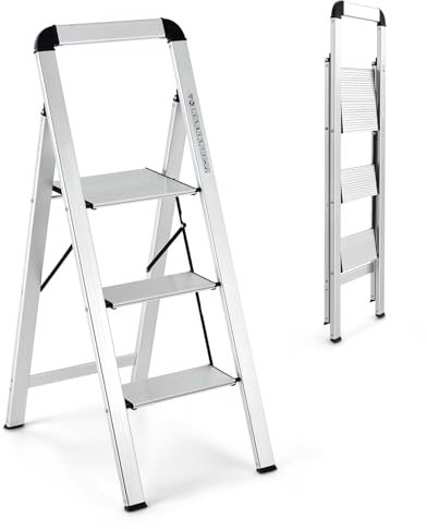 SOARS Escabeau 3 Marches, Marche Pied Pliable Stable et Robuste en Aluminium avec Pieds Antidérapants, Larges Marches, Echelle Légère et Portable, Charge 150 KG, Argenté, 44 X 62 X 109 CM
