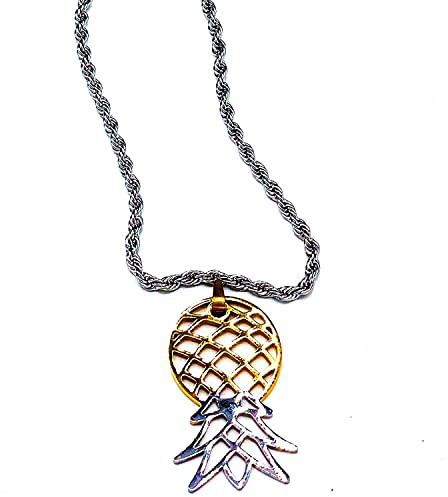 Partners ID Upside Down Pineapple Necklace, Authentic Lifestyle Jewelry, Small Stainless Steel Necklace Two-Tone Pendant with Logo, Symbol Jewelry, Unisex, Elegant Everyday Wear