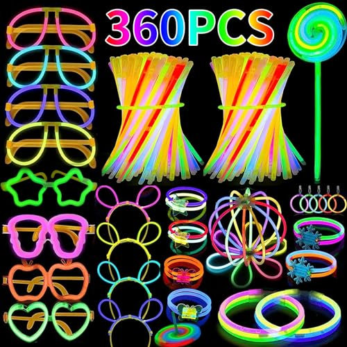 Kinyoda Knicklichter Party Set,360 pcs Knicklichter Kinder,Glow Sticks, Leuchtstäbe, Knicklichter Hochzeit Leuchtspielzeug für Neon Party deko,Leuchtarmbänder, Festival schwarzlicht Silvester deko
