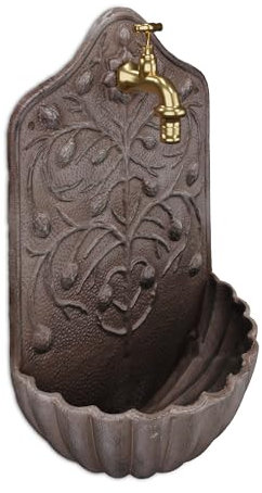 Relaxdays Wandbrunnen, mit Wasserhahn, Waschbecken Garten, Gusseisen, HxBxT: 40 x 24 x 15 cm, antikes Design, braun