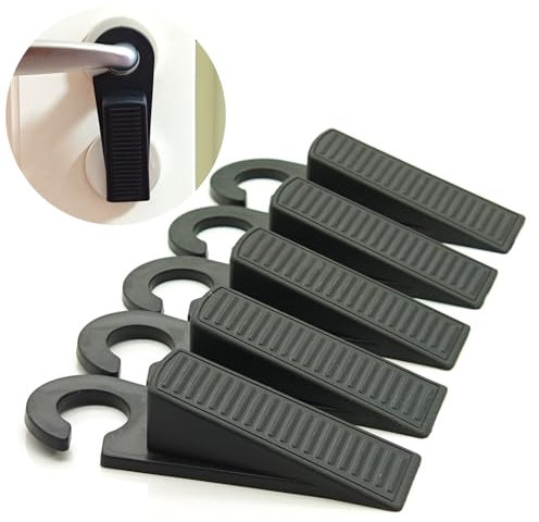 MOLHEM 5 Pack Hangable Rubber Door Stoppers – Heavy Duty Wedge Design, Wall Protector & Sound Dampening, Ideal for Coarse Floors and Floorboards, Black