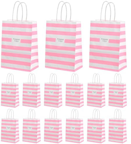 15 Stück Geschenktüten, Papiertüten 15 x 8 x 21cm, Geschenktaschen, Partytüten, Kraftpapiertüten mit Henkel, Süßigkeiten Tüten Krafttüten für Kinderpartys Feiern Weihnachten Geburtstag (Rosa)