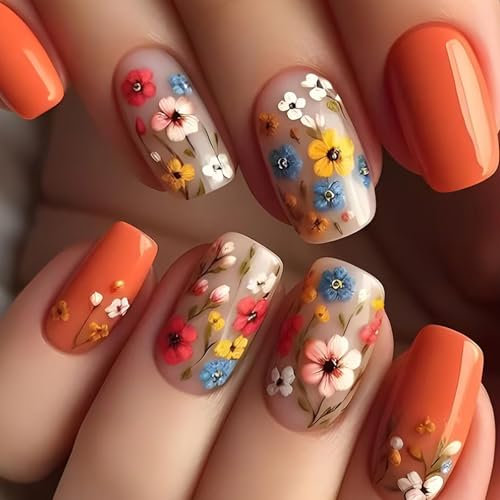 Ceboic 24Pcs Court Carré Faux Ongles Autocollants, Pastoral Fleurs Français Ongles à Coller Naturel Orange Press on Nails, Réutilisables Couverture Complète Acrylique Ongles pour Femmes et Filles