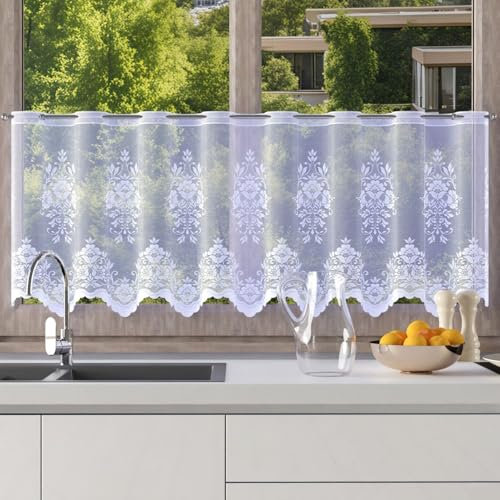 Home Dekorator Scheibengardinen Landhausstil 150x50 cm | Weiß Gardinen Küche | Gardine Küchenfenster mit Blumenmuster | Kurzgardine mit Schlaufen | Bistrogardinen mit Ösen (H233)
