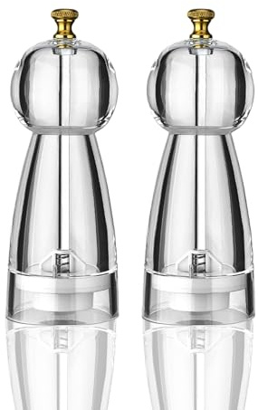 Salt and Pepper Grinder Set of 2 - Clear Acrylic Adjustable Manual Pepper Mills with Refillable Transparent Body, Ceramic Grinding Core for Coarse to Fine Seasoning, Ideal for Kitchen, Dining & BBQ