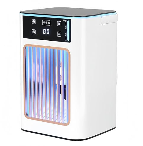 Aire Acondicionado Portatil mini 3 en 1 | Climatizador evaporativo silencioso con Depósito de Agua | Enfriador de Aire portatil y Recargable USB 900 ML | Ideal para Oficina, terraza o Camping