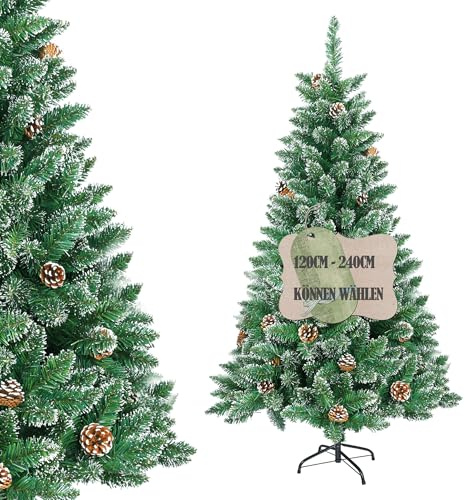Suusolny Árbol de Navidad artificial verde de 150 cm con efecto nieve piñas, árbol de Navidad de PVC con soporte de metal, montaje en segmentos, decoración navideña