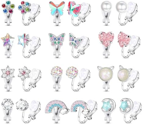 Kuvarix 12 Paires Boucles D'oreilles Clips pour Enfant, Hypoallergéniques, Clips Oreilles non Percées, Bijoux Enfant Comprenant Arc-en-ciel, papillons, étoiles, lune, oreilles de chat, petites fleurs