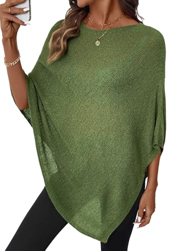 SHEWIN Womens Sweaters Sheer Knit Ponchos for Women See Through Beach Cover Ups for Women Crochet Mesh Womens Summer Tops Spring Tops for Women,(US 4-6) S,Green