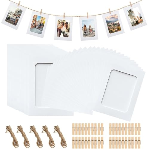 Guirnalda de fotos, 50 unidades, cuerda de fotos con pinzas, 10 x 15 cm, marco de papel para manualidades, color blanco, con 50 pinzas de madera, 5 unidades de cuerda de cáñamo de 6 pulgadas, marco de