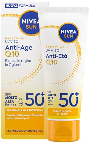 NIVEA SUN Anti-Age Q10 SPF 50+ 40 ml, Crema solare viso antirughe contro il fotoinvecchiamento, Crema viso SPF 50+ con Collagene e Coenzima Q10, Protezione solare ultra leggera, Non comedogena