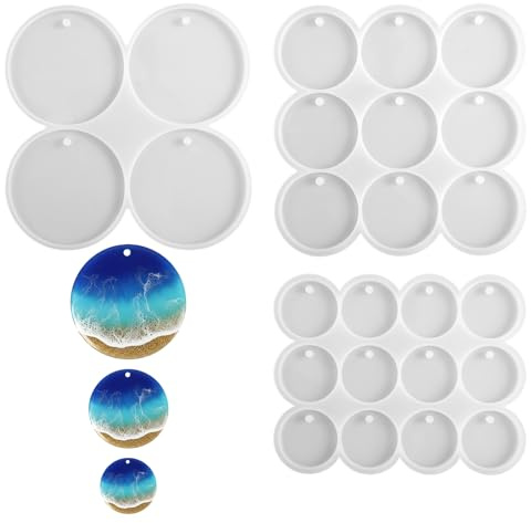 Qianyu Molde de silicona redondo de resina con 25 cavidades y círculo plano brillante, molde de silicona con agujero para aretes redondos perforados, colgante, llavero, etiqueta para mascotas