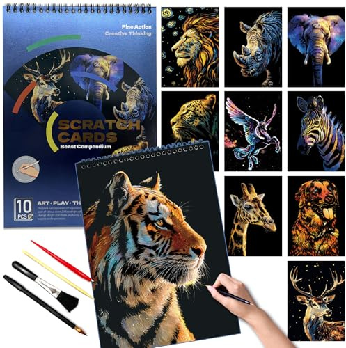 SiYear Livre d'art à gratter pour adultes - Série animaux colorés - Kit de papier à gratter - Kit de peinture à gratter - Gravure sur feuille d'aluminium - Cadeaux créatifs faits à la main (animal/10