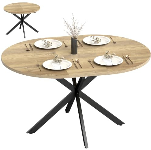 HOMCOM Extendable Dining Table for 4-6 Round-Oval 100-135cm Natural Wood | Kitchen Dinner Table, Butterfly Leaf, X-Shape Base, Space-Saving, Home, Living Room