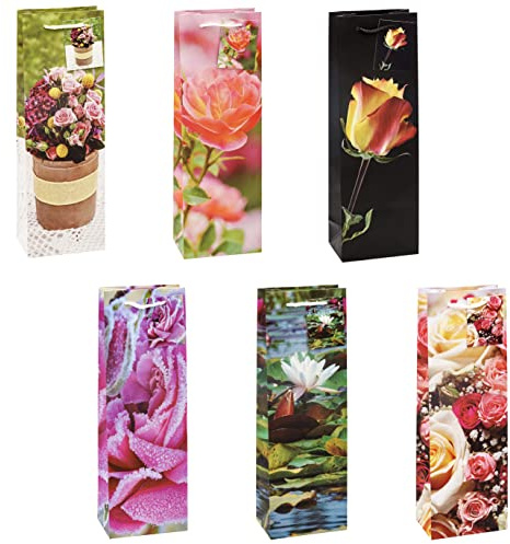 TSI Sac cadeau Série Roses, lot de 12, taille : bouteille (36 x 12 x 8 cm), N° d'art. 84285
