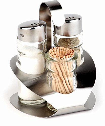 APS 40472 Menage PRO, 9 x 8,5 cm, Höhe 11,5 cm, Set besteht aus: Salz- und Pfefferstreuer, Zahnstocherspender, Ständer aus Edelstahl (matt poliert)