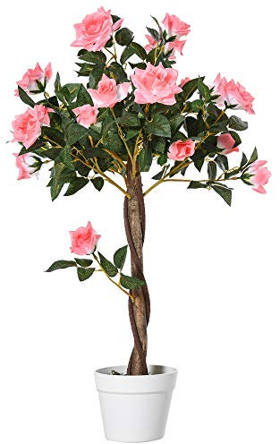 Outsunny 90cm/3FT Artificial Rose Tree, Fake Decorative Plant with Pot, Indoor Faux Decoration Home Office Decor, Pink