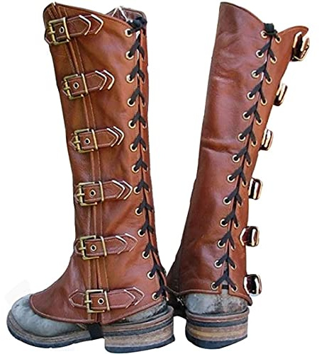 Mooke Steampunk Vintage metà Chaps Ghetta in Pelle Stringata Fibbia Copriscarpe Regolabile Stivali Medievali Ghette Escursionismo Parastinchi Armatura per Uomo Donna,Marrone