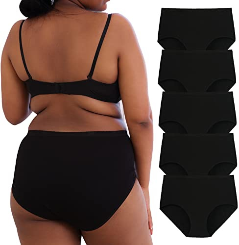 INNERSY Plus Size XL-5XL Big Curvy Woman Cotton Underwear High Waist Briefs 5-Pack(Black,3X-Large)