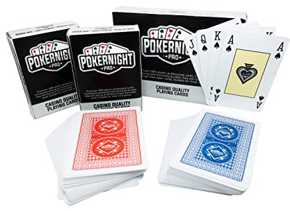 Poker Night Pro 2 Decks Professioneller Wasserfester 100% Plastik Spielkarten (1 x Rot / 1 x Blau) | 55 Stück Pro Deck Inklusive 3 Jokern | 4 Eckzeichen | Casino Qualität