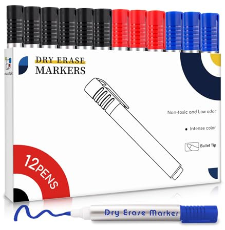 maxtek Whiteboard Pens, 12 Count Erasable Markers, 2-3mm, Black Blue Red | Low Odor, Bullet Tip, Dry Wipe Pens for Whiteboard Flipchart, Office & Classroom Teaching Supplies