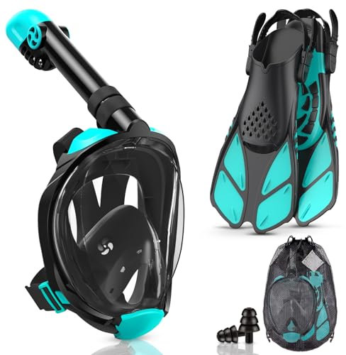 Lealinga Tauchmaske Vollgesichtsmske mit flossen, Schnorchelmaske Erwachsene, Vollmaske Müheloses Atmen, Kein Beschlagen, Kein Eindringen von Wasser, 180°Sichtfeld und Kamerahaltung