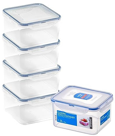 LocknLock Square Food Containers with Lids Set of 5 - Plastic Airtight & Watertight Food Storage Containers, BPA Free & Dishwasher Safe, 5 x 1.2L