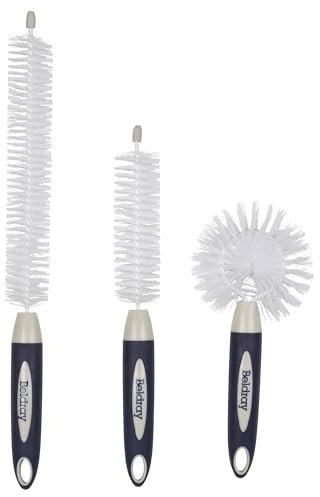 Beldray LA030117FEU7 Deep 3-Piece Set – Dish Non-Scratch Bristles, Includes Wide, Long and Short Bottle Brushes, Flexible Heads for Precision Cleaning, Hanging Hooks, Nylon, Navy, One Size