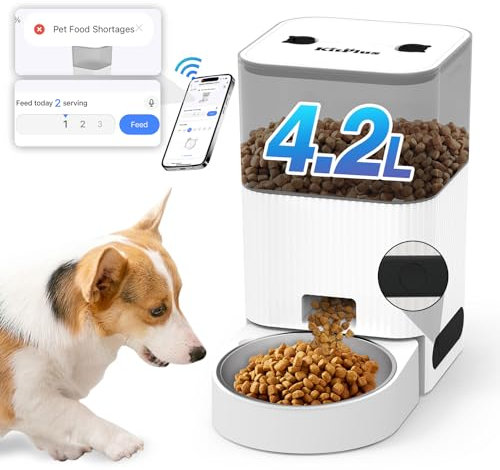 Kitplus Automatic Cat Feeder, APP Control, Dog Feeder Automatic with Timer, Cat Food Dispenser, Lock Lid-Instant Feeding＆Recording-Indicator Status-APP Control Wifi-10 Meals Per Day for Dogs Cats