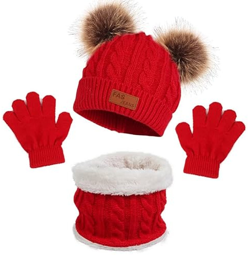 Ensemble de Bonnet, Écharpe, Gants 3 en 1 pour Enfants Bonnet Hiver en Tricot Thermique avec Pompon, Tour de Cou avec Doublure, Hiver Accessoires Set pour Enfants Fille Garçon 2 à 6 ans (Rouge)