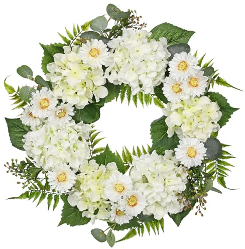 Oairse 20 Inch Spring Wreath for Front Door Artificial Floral Door Wreath with Lifelike Hydrangea Daisy Fern All-Season Decorative Wreaths for Home Indoor Outdoor Wall Porch Farmhouse Decor