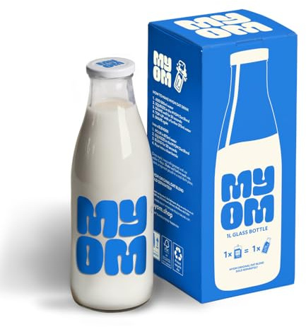 MYOM - Glass Milk Bottle 1000ml – Reusable Glass Milk Storage Bottle with Lid – Dishwasher Safe - Empty Milk Container for Oat Milk, Dairy & Plant Based Drinks