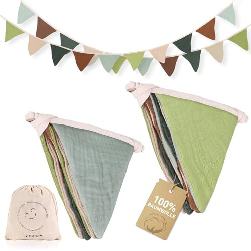 MutoToy® 2 Stück Wimpelkette Kinderzimmer, 2.7m Wimpelkette Stoff aus Musselin Baumwolle, Girlande Kinderzimmer Deko für Hausbett, Babybett, Kinderbett, Babyzimmer, Wanddeko （Morandi Grün）