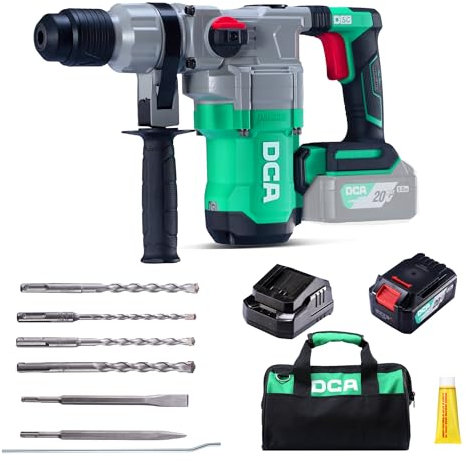 DCA Martillo Perforador sin Cable 20V, 4.5 J de Energía de Golpe y 3800 BPM, 4 Piezas 28mm SDS-Plus, Motor de Alto Rendimiento para Martillo Perforador sin escobillas, Batería 5.0Ah, Cargador Rápido 4