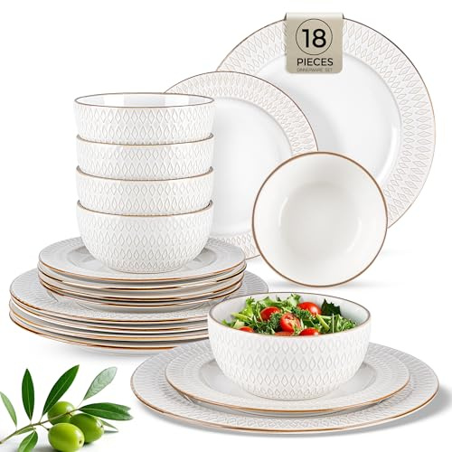 GBhome Porslinsset av stengods 4 personer, 12 delar, reaktiv glasyr, handgjord, porslinsset, mikrovågsugns- och diskmaskinssäker, skål och tallrik, beige (diamantelfenben, set om 18 delar)